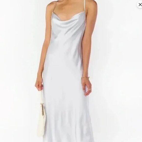 Show Me Your MuMu Verona Cowl Dress in Silver Luxe Satin Size Small NWT - Picture 3 of 6